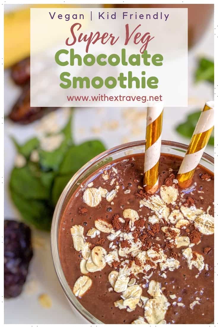 Your kids will love this super healthy Hidden Veggies Chocolate Smoothie. Packed full of spinach, sweet potato, banana, oats and chia seeds, this smoothie is a great way to get even the fussiest of eaters to eat their veggies. #vegan #fussykids #hiddenveggies #kidssmoothies #extrave