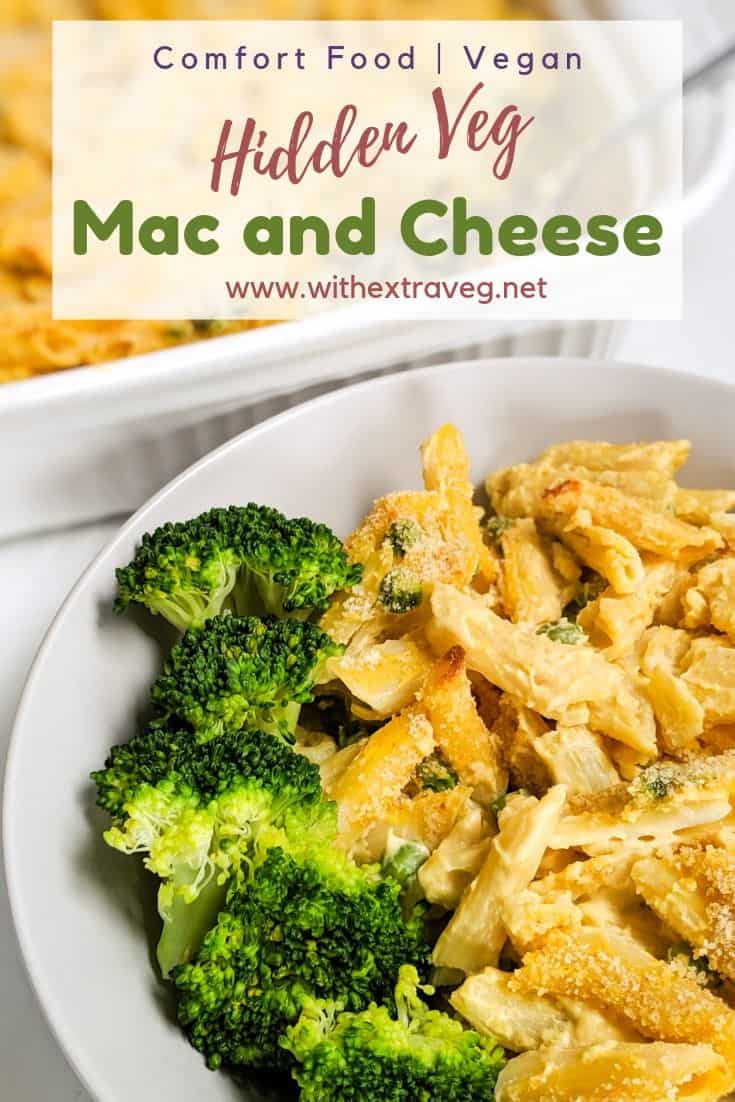 Your kids will love this creamy homemade Vegan Mac and Cheese as a great healthy dinner option! Healthy comfort food at it\'s best, this mac and cheese is oil free and packed full of healthy veggies - cauliflower, carrot, potato, spinach, zucchini and peas. Topped with a creamy vegan cheese sauce made with cashews, nutritional yeast, cauliflower and potato. #vegancomfortfood #vegankids #fussykids #vegandinner