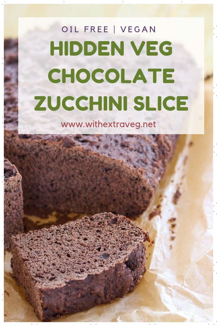 This chocolate zucchini slice is perfect for fussy kids, because the chocolate completely hides any sign of the zucchini. Nut free, this recipe makes a great school lunchbox recipe. Vegan and oil free. #vegan #oilfree #hiddenveg #fussykids #vegankids