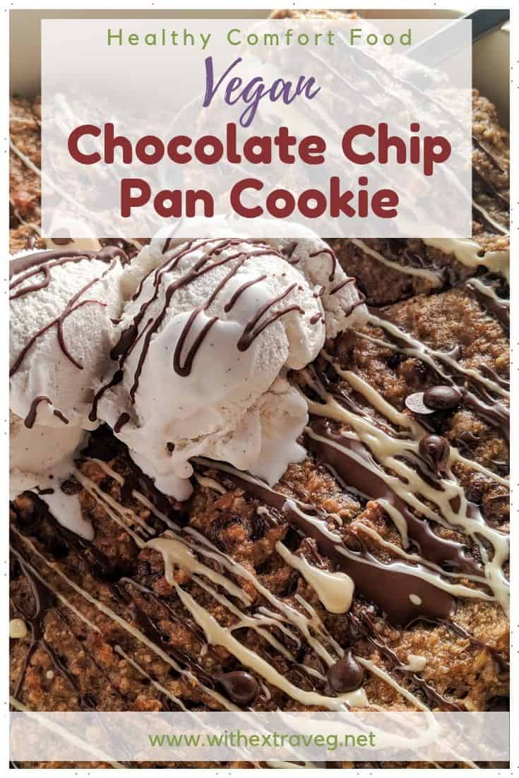 You\'ll never guess this super indulgent Chocolate Chip Pan Cookie is vegan and oil free! Super fudgy, this recipe has nut free and gluten free options. Makes a great vegan dessert, or dessert to take to a potluck or dinner. This recipe is kid friendly, and great to share. #vegankids #vegandessert #oilfree #glutenfree #nutfree