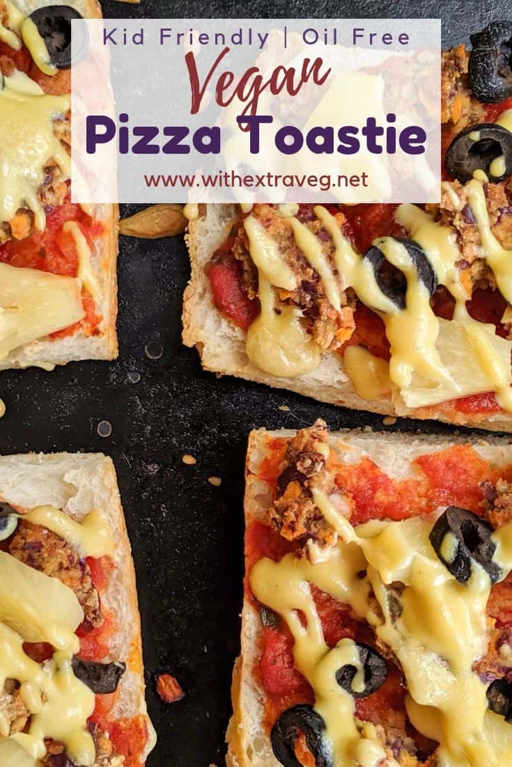 This Vegan Pizza Toastie is a great option for when you\'re craving pizza, but just don\'t have time! This kid friendly recipe is great for a vegan lunch, or quick and easy vegan dinner. Vegan comfort food | Vegan Pizza | Vegan Toastie | Toasted Sandwich | Winter Lunch *vegan *veganlunch *vegankids