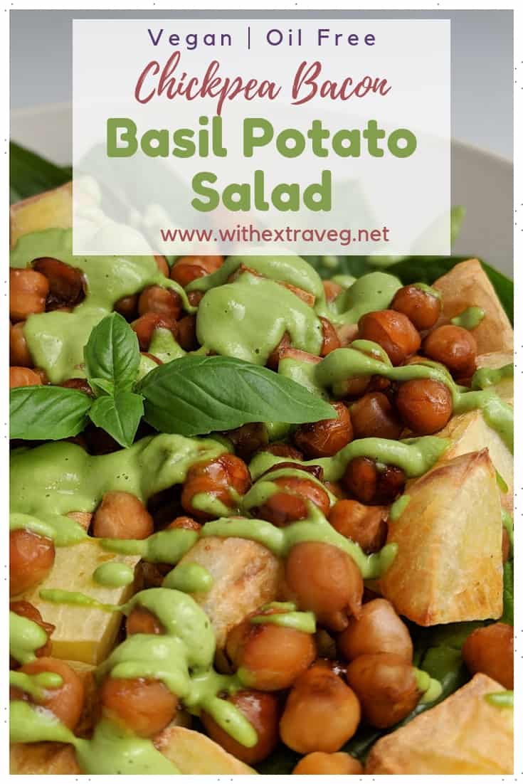 This Creamy Basil Potato Salad combines sweet basil with salty chickpea bacon for a delicious salad option. Make ahead for work lunches, or double the recipe to take to a bbq lunch. Vegan and oil free. #vegan #oilfree #glutenfree #vegansalad