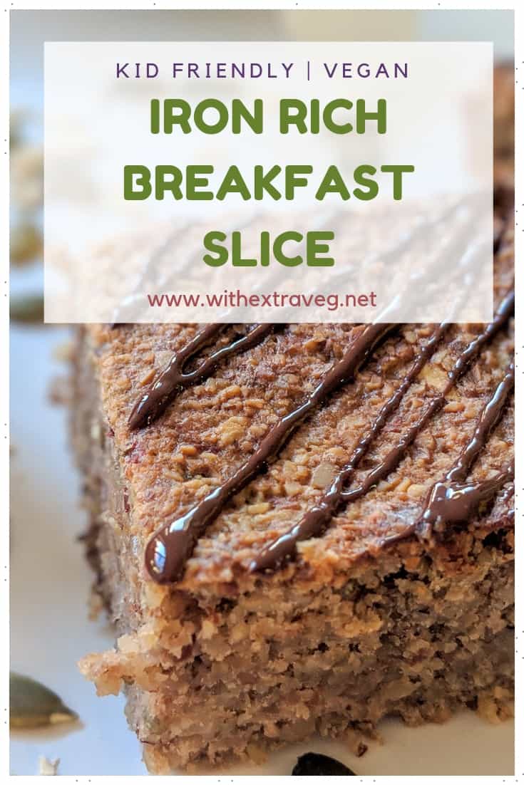 Are you looking for an easy, kid friendly breakfast that is high in iron? This plant based, vegan slice is packed full of iron rich ingredients such as sesame seeds, cashews and quinoa. #fussykids #vegankids #ironrich #highinprotein #veganiron
