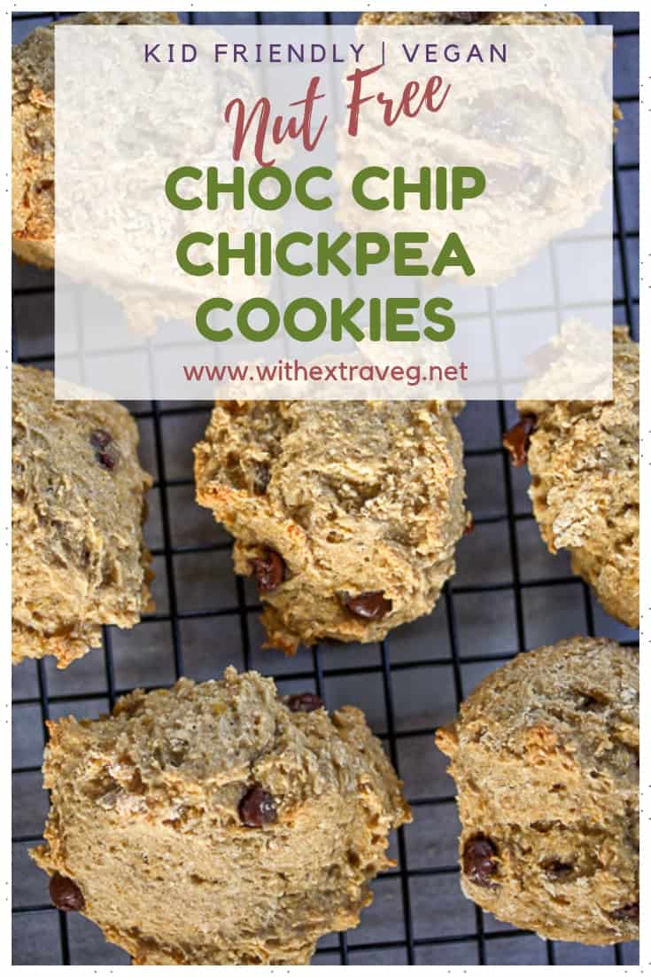 These delicious chocolate chip chickpea cookies are a great option for school lunches because they are nut free, and give a good dose of protein from the chickpeas. Vegan and oil free, these cookies are great for fussy kids. #vegankids #fussykids #hiddenbeans #highinprotein #schoollunches #nutfree