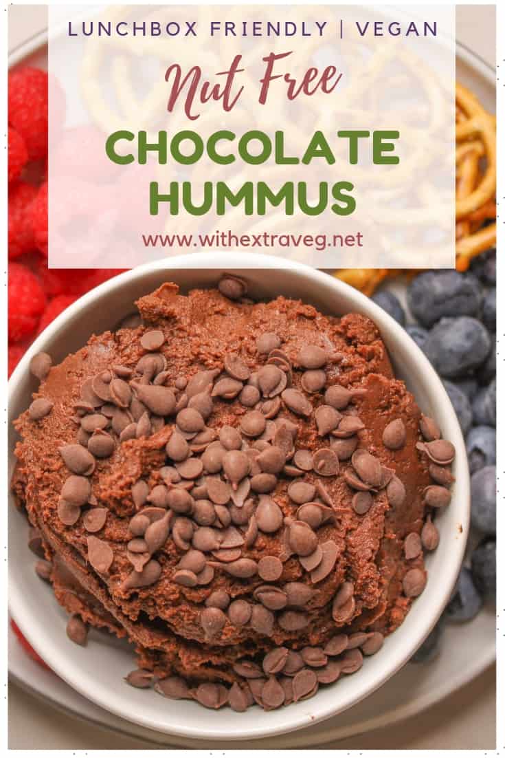 You would never guess this delicious chocolate hummus is full of healthy chickpeas. It makes a high protein snack, school lunch recipe, or even dessert to share. Made with chickpeas, dates, cacao. #vegankids #fussykids #schoollunches #veganprotein #vegan #snacks