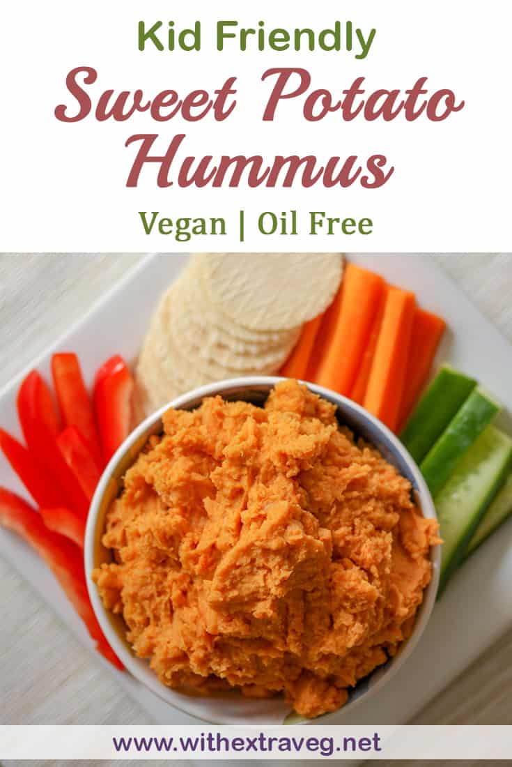 This mild flavoured sweet potato hummus is kid friendly, and makes a great vegan sandwich spread. It also makes a great lunch box snack, or even vegan baby puree.