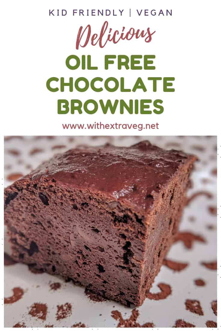 You\'ll never guess these delicious, fudgey brownies are vegan, oil free and healthy! Made with apple sauce, these rich vegan chocolate brownies are a perfect dessert, snack or healthy comfort food. #healthycomfortfood #vegan #vegandesserts #oilfree #vegankids