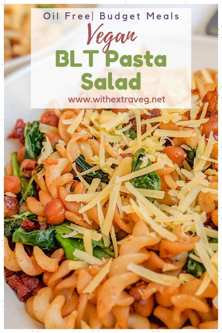 This super versatile Vegan BLT Pasta Salad makes the perfect work lunch, light dinner, or salad for a bbq or potluck. This budget friendly meal is super quick and easy, made of pasta, chickpea bacon, sun-dried tomato and baby spinach. #veganlunch #worklunch #oilfree #budgetvegan #makeonceeatallweek
