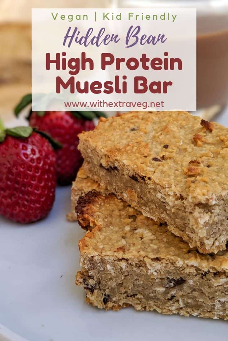 These White Bean Muesli Bars are a delicious high protein breakfast option. With beans, cashews, oats and bananas, these bars are a great on the go breakfast or healthy snack. #vegankids #vegan #veganprotein #hiddenbeans