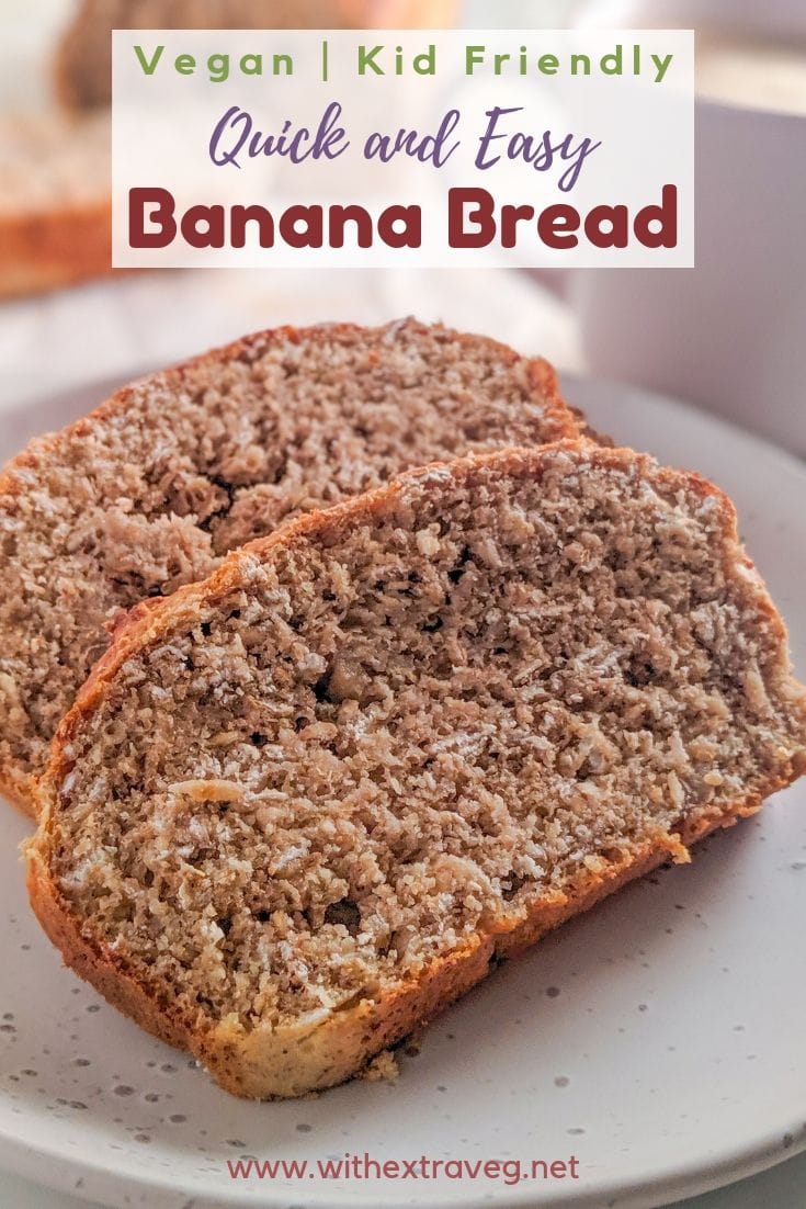This oil free, vegan banana bread makes the perfect weekend brunch, or afternoon snack. Your kids will love this healthy snack in their lunchboxes. Made with bananas, wholemeal flour, oats and sugar, this recipe is nut free, dairy free, egg free, no complicated ingredients. #vegankids #vegan #cafestyle