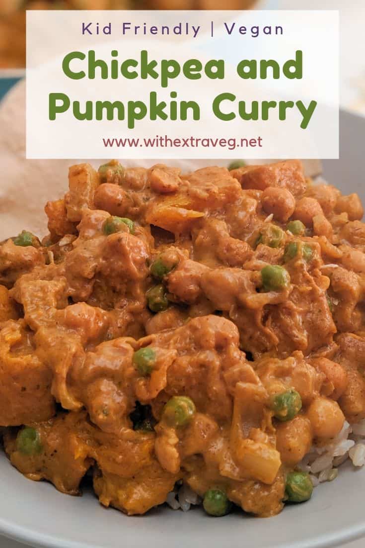 This mild and creamy Vegan Chickpea and Pumpkin Korma Curry makes a delicious kid friendly warming comfort food dinner for winter nights. Quick and easy, this curry is the perfect weeknight meal. This Indian Curry is made with pumpkin, coconut cream, chickpeas, korma paste and peas. Freezer Friendly. #vegan #healthycomfortfood #vegankids #kidfriendly