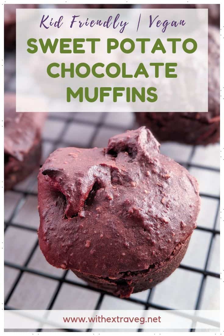 These delicious Oil Free Vegan Sweet Potato Chocolate Muffins are so rich and fudgy, you\'ll never guess they\'re full of veggies. Nut free, gluten free option, kid friendly, great for lunchbox snacks. Made with sweet potato, apple sauce, flour, cocoa, sugar and milk. #vegan #hiddenveg #vegankids #nutfree